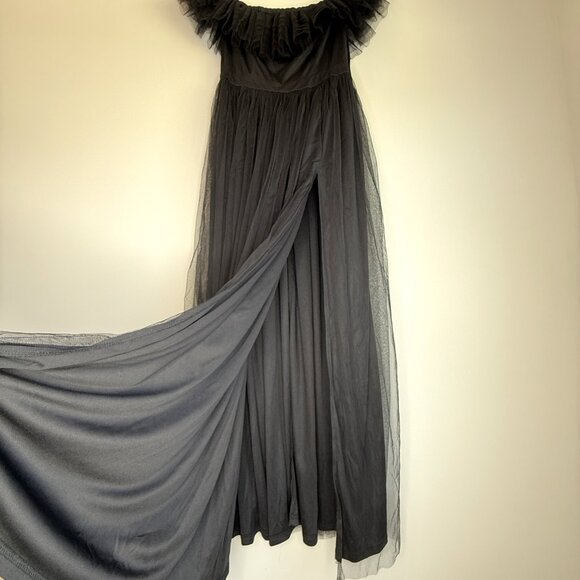 Formal Off Shoulder Black Tulle Maxi Dress - Picture 7 of 8